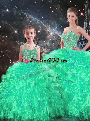 Fashionable Turquoise Ball Gowns Organza Sweetheart Sleeveless Beading and Ruffles Floor Length Lace Up Sweet 16 Dresses