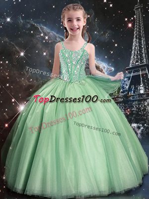 Sleeveless Tulle Floor Length Lace Up Kids Formal Wear in Apple Green with Beading