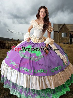 Off The Shoulder Sleeveless Vestidos de Quinceanera Brush Train Embroidery and Ruffled Layers Multi-color Taffeta