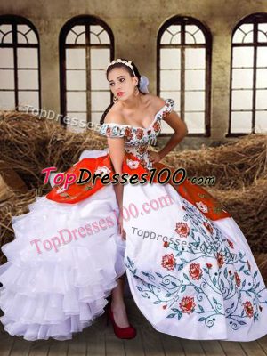 Fine Multi-color Lace Up Ball Gown Prom Dress Embroidery and Ruffled Layers Sleeveless Floor Length