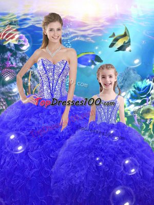 Dazzling Organza Sweetheart Sleeveless Lace Up Beading and Ruffles 15 Quinceanera Dress in Royal Blue