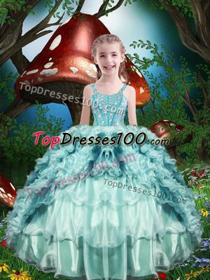 Floor Length Ball Gowns Sleeveless Aqua Blue Little Girl Pageant Dress Lace Up
