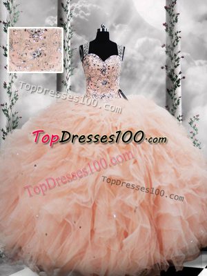 Dazzling Peach Tulle Lace Up Straps Sleeveless Floor Length Quinceanera Dresses Beading and Ruffles
