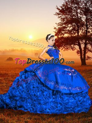 Blue Ball Gowns Embroidery and Ruffles 15th Birthday Dress Lace Up Organza Sleeveless