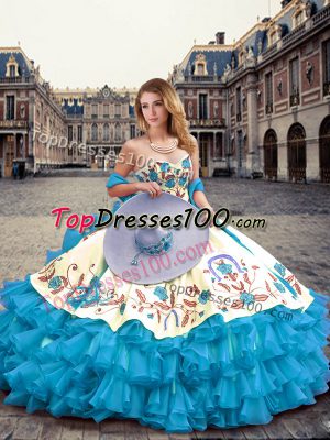 Aqua Blue Ball Gowns Sweetheart Sleeveless Organza Floor Length Lace Up Embroidery and Ruffled Layers Quinceanera Dress