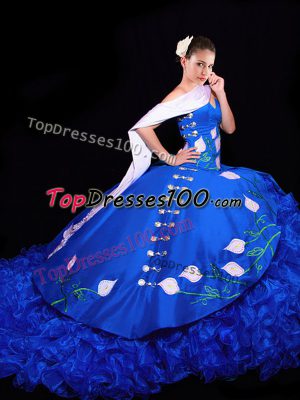 Royal Blue Organza Lace Up Quinceanera Dress Sleeveless Brush Train Embroidery and Ruffles