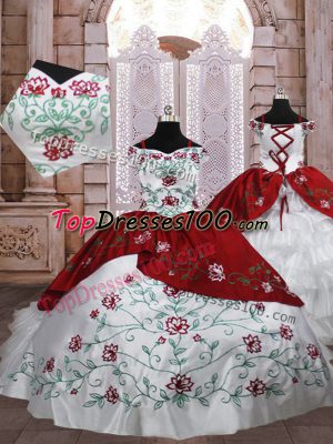 White And Red Taffeta Lace Up Spaghetti Straps Sleeveless Floor Length Little Girl Pageant Dress Embroidery and Ruffled Layers