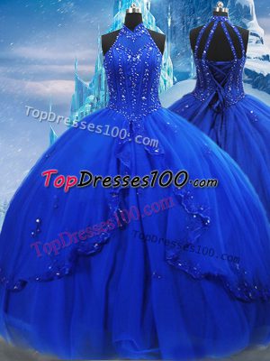Sleeveless Tulle Brush Train Lace Up Sweet 16 Quinceanera Dress in Royal Blue with Beading and Ruffles