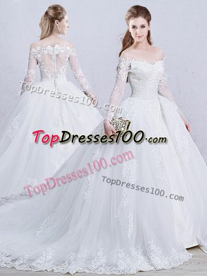 Zipper Wedding Gown White for Wedding Party with Lace and Appliques Brush Train