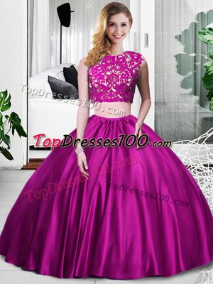 Low Price Fuchsia Scoop Zipper Lace and Ruching Quinceanera Gown Sleeveless