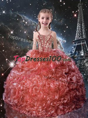 Floor Length Watermelon Red Little Girl Pageant Dress Straps Sleeveless Lace Up