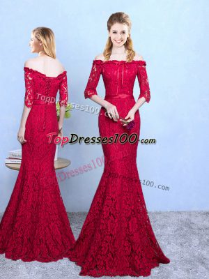 Floor Length Wine Red Bridesmaid Gown Off The Shoulder Half Sleeves Lace Up