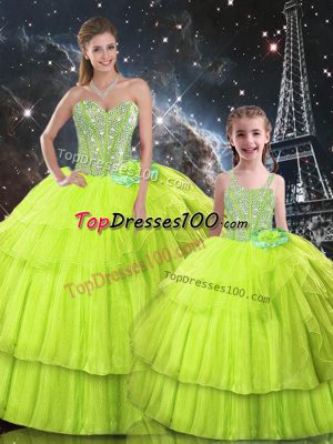 Simple Organza Sweetheart Sleeveless Lace Up Ruffled Layers 15 Quinceanera Dress in Yellow Green