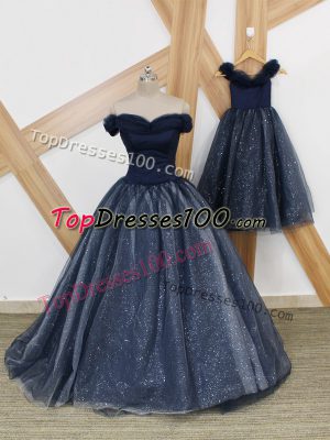 Superior Tulle Off The Shoulder Sleeveless Brush Train Lace Up Ruching Prom Gown in Navy Blue