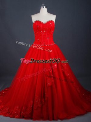 Deluxe Red Ball Gowns Appliques Wedding Dress Lace Up Tulle Sleeveless