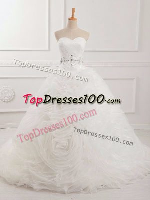 Fine Sweetheart Sleeveless Brush Train Lace Up Wedding Gown White Organza