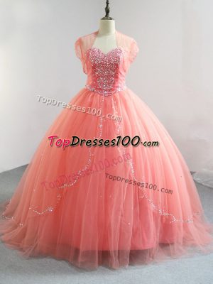 Watermelon Red Sleeveless Floor Length Beading Lace Up Sweet 16 Dresses