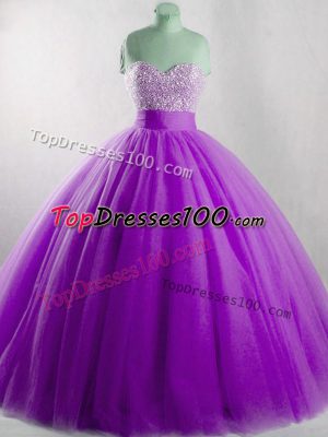 Customized Eggplant Purple Tulle Lace Up Sweetheart Sleeveless Floor Length 15 Quinceanera Dress Beading