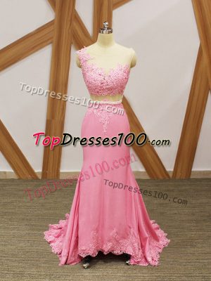 Brush Train Mermaid Celebrity Evening Dresses Baby Pink Scoop Elastic Woven Satin Sleeveless Zipper