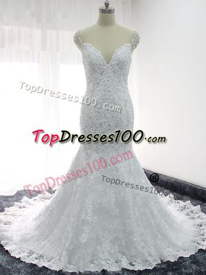 Fantastic White Straps Backless Beading and Lace and Appliques Wedding Gowns Cap Sleeves