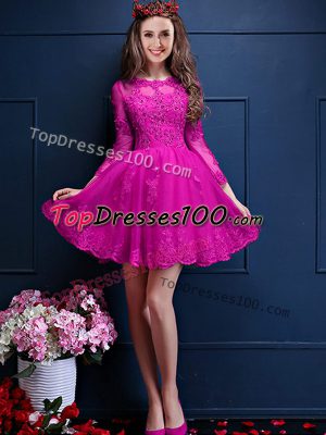 Fuchsia A-line Chiffon Scalloped 3 4 Length Sleeve Beading and Lace and Appliques Mini Length Lace Up Quinceanera Court of Honor Dress