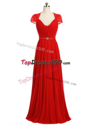 Sexy Short Sleeves Chiffon Floor Length Zipper Prom Dress in Red with Beading and Ruching and Belt