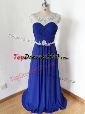 Fabulous Floor Length Royal Blue Prom Dresses Chiffon Short Sleeves Beading and Ruching