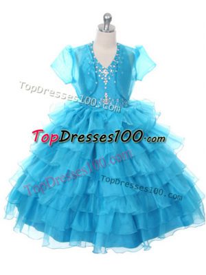 Amazing Baby Blue Lace Up Little Girls Pageant Dress Beading and Ruffled Layers and Bowknot Sleeveless Floor Length