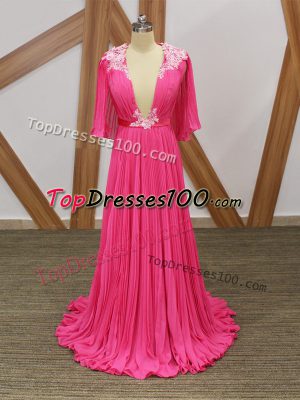 Free and Easy Backless Celebrity Dresses Hot Pink for Prom and Party and Beach with Lace and Appliques and Pleated Sweep Train