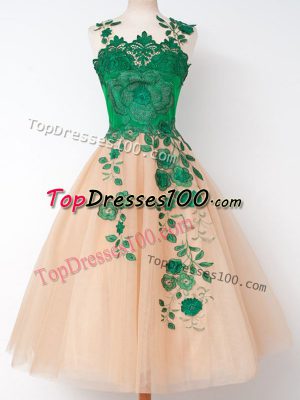 Delicate Straps Sleeveless Bridesmaids Dress Knee Length Appliques Peach Tulle