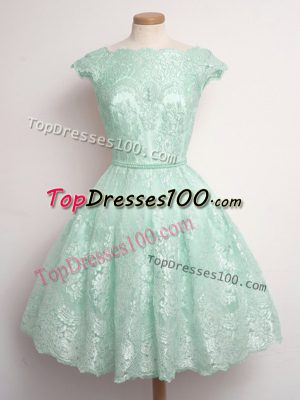 Fine Knee Length Lace Up Bridesmaids Dress Apple Green for Prom and Party and Wedding Party with Lace