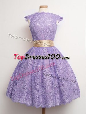 Lavender Cap Sleeves Belt Knee Length Bridesmaids Dress