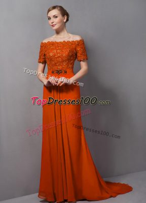 Orange Short Sleeves Chiffon Sweep Train Zipper Mother of Bride Dresses for Prom and Party