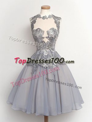 Super Grey High-neck Neckline Lace Wedding Guest Dresses Sleeveless Lace Up