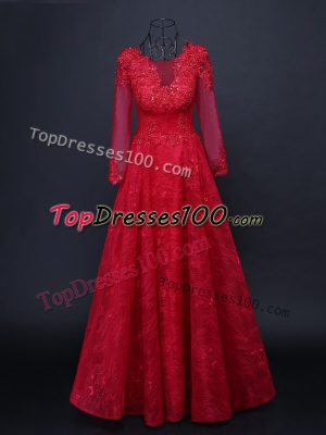 Sophisticated Red Tulle Lace Up Mother of the Bride Dress Long Sleeves Floor Length Lace and Appliques