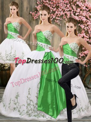 Hot Sale Floor Length Lace Up Quince Ball Gowns White for Military Ball and Sweet 16 and Quinceanera with Embroidery and Belt