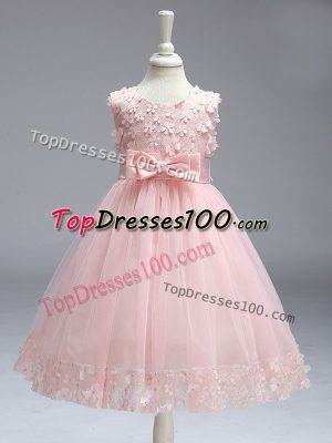 Baby Pink Zipper Little Girls Pageant Dress Wholesale Lace and Bowknot Sleeveless Knee Length