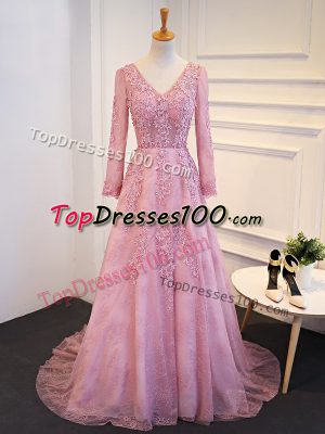 Empire Long Sleeves Pink Mother of the Bride Dress Brush Train Lace Up