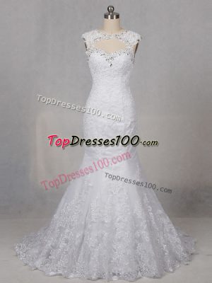 White Mermaid Beading and Lace Wedding Dresses Backless Tulle Sleeveless