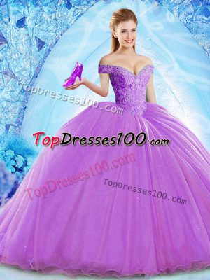 Edgy Sleeveless Beading Lace Up Quince Ball Gowns with Lavender Brush Train