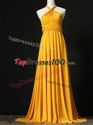 Designer Orange Chiffon Criss Cross Halter Top Sleeveless Damas Dress Sweep Train Ruching