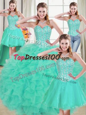 Cheap Turquoise Lace Up Sweetheart Beading and Ruffled Layers Quince Ball Gowns Organza Sleeveless Brush Train