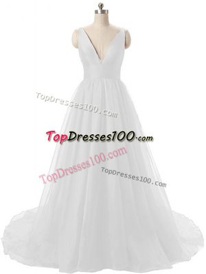 Sleeveless Organza Brush Train Backless Prom Evening Gown in White with Ruching