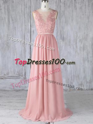 Cute Pink Sleeveless Chiffon Sweep Train Backless Quinceanera Court of Honor Dress for Prom and Party and Wedding Party