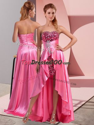 Rose Pink Empire Beading and Sequins and Ruching Dress for Prom Zipper Elastic Woven Satin Sleeveless High Low