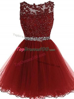 Burgundy Zipper Prom Dress Beading and Lace and Appliques Sleeveless Mini Length