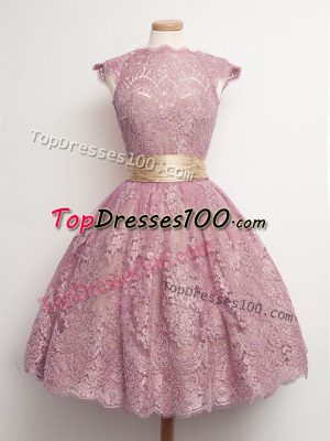 Flare Lace Cap Sleeves Knee Length Bridesmaids Dress and Belt
