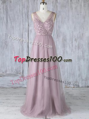 Ideal Lavender Criss Cross V-neck Appliques Damas Dress Tulle Sleeveless