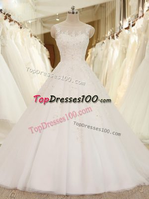 White A-line Lace and Appliques Bridal Gown Lace Up Tulle Sleeveless