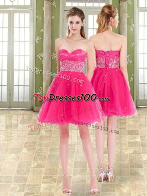 Pretty Sleeveless Tulle Mini Length Lace Up Prom Party Dress in Hot Pink with Beading and Ruffles